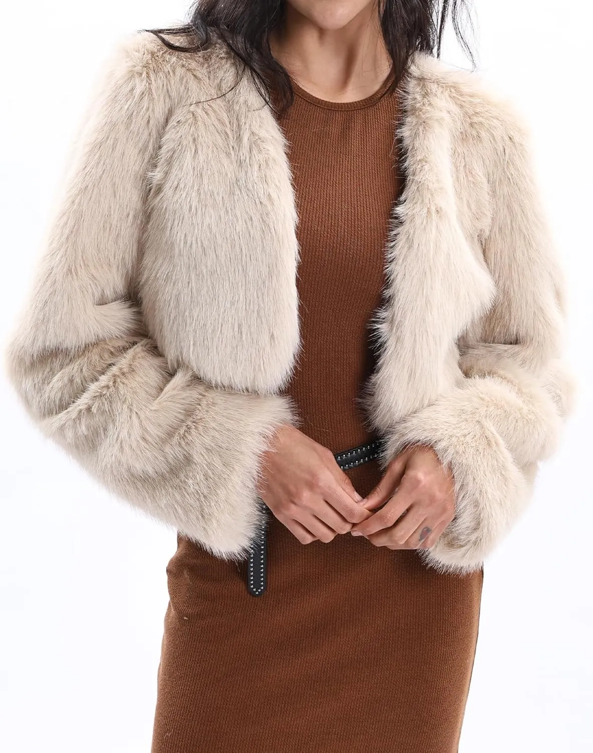 Xintianji Womens Faux Fur Cropped Jacket - Open Front Long Sleeve Winter Fuzzy Fleece Coat