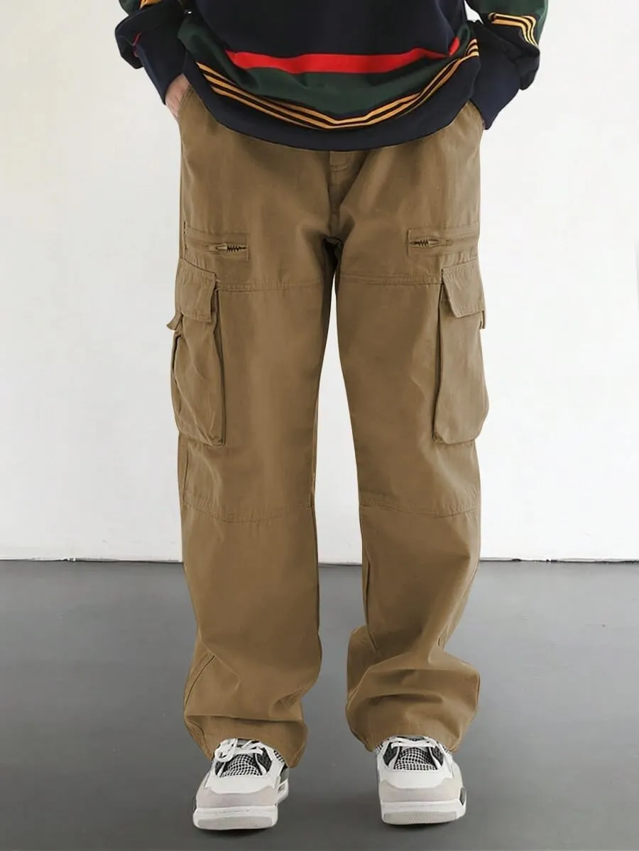 ZAFUL Men's Wild Cargo Pants Loose Fit Y2K Pants Drawstring Casual Hiking Pants Pocket Zipper Design Straight Trousers