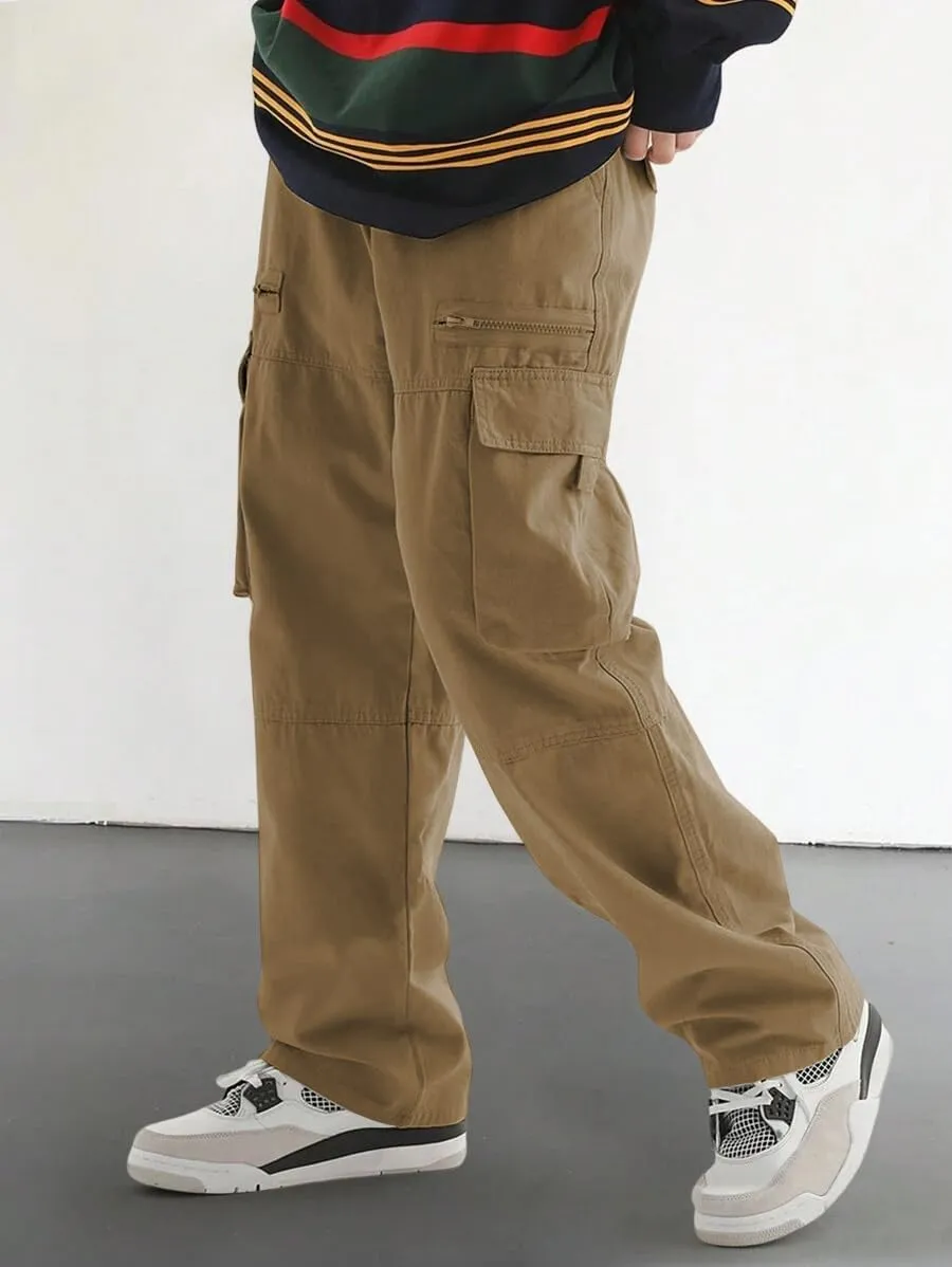 ZAFUL Men's Wild Cargo Pants Loose Fit Y2K Pants Drawstring Casual Hiking Pants Pocket Zipper Design Straight Trousers