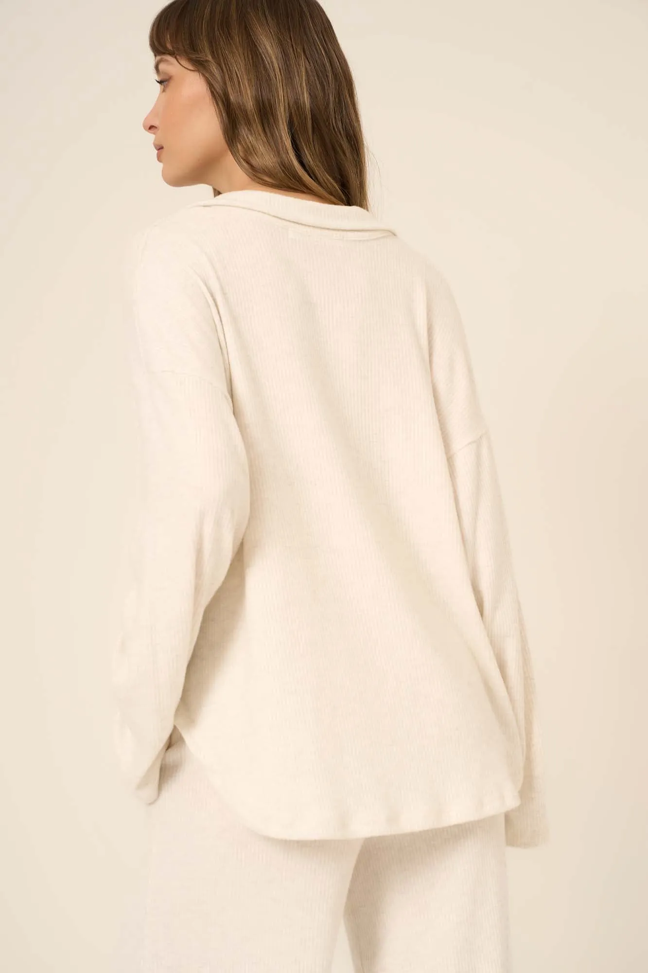 Zoey Brushed Rib Collared Long Sleeve - Oatmeal
