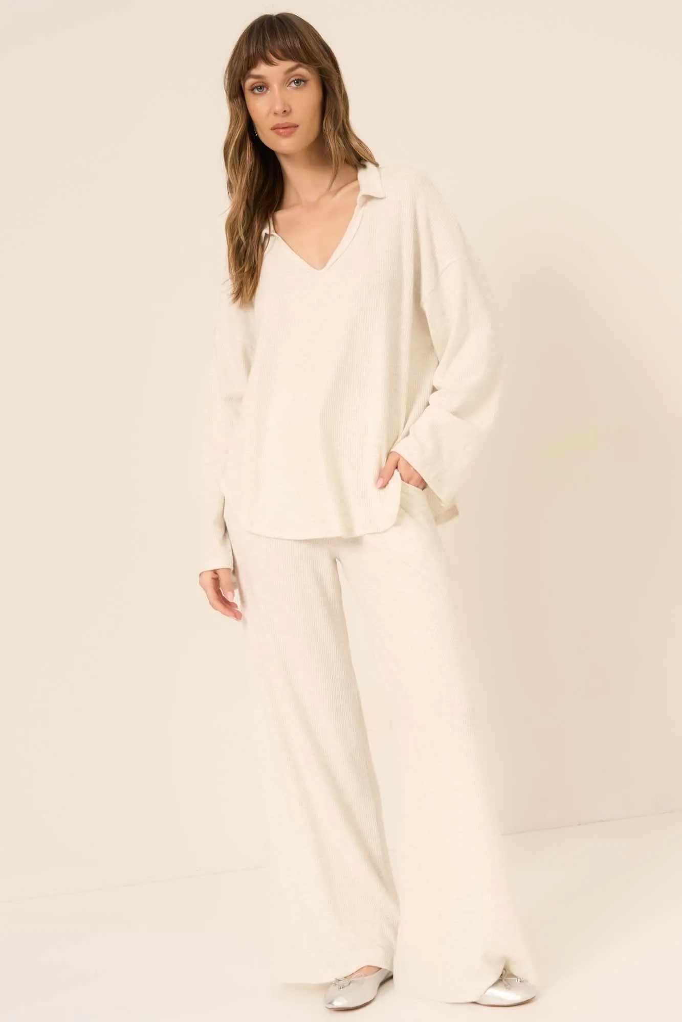 Zoey Brushed Rib Collared Long Sleeve - Oatmeal