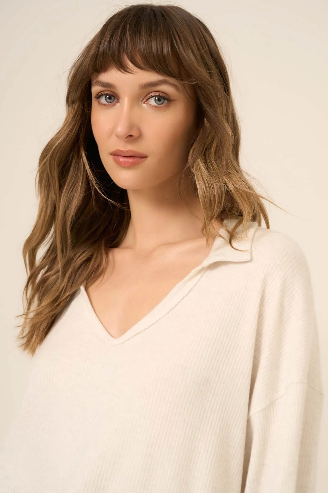 Zoey Brushed Rib Collared Long Sleeve - Oatmeal